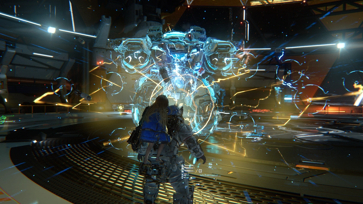 Diana's powerful hack attack overwhelms a giant robot in Pragmata.