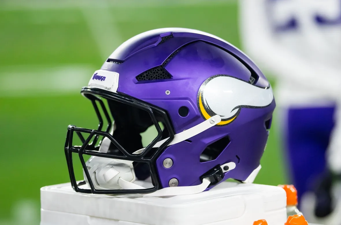 Close-up view of a Minnesota Vikings helmet on the sideline during the NFC wild card game at State Farm Stadium on Jan. 13, 2025.