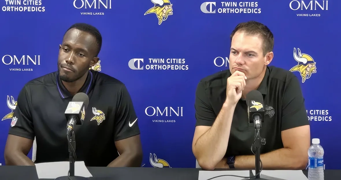 Vikings coach Kevin OConnell and GM Kwesi Adofo-Mensah speak to reporters at the TCO Performance Center on July 22, 2024.