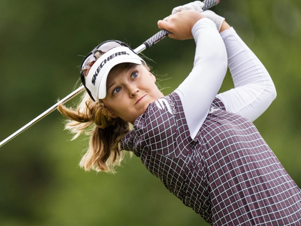 Brooke Henderson tees off on the third hole during the third round of the CPKC Womens Open at the Mississauga Golf and Country Club in Mississauga, Ont., Saturday, Aug. 23, 2025.