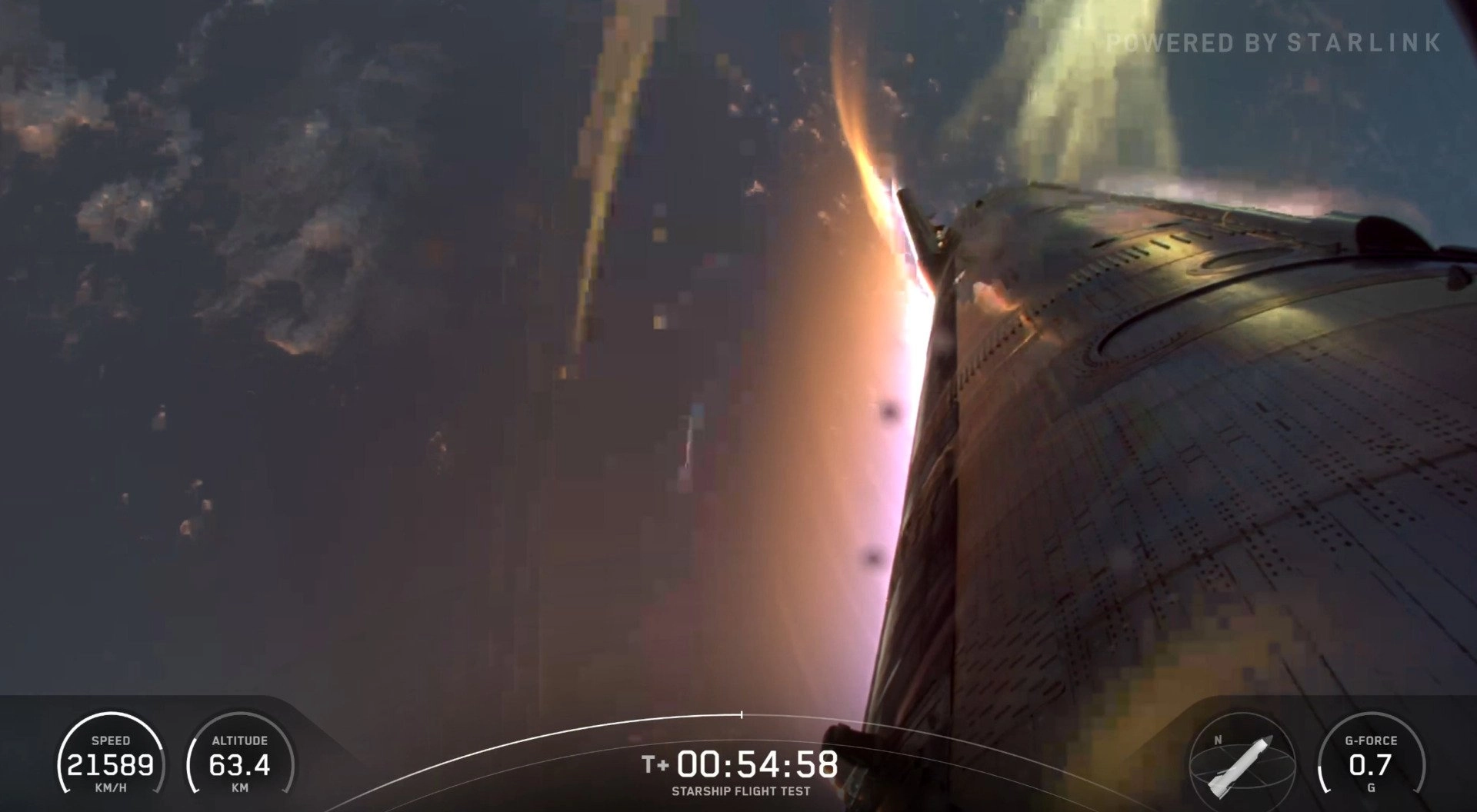A view of Starship during reentry