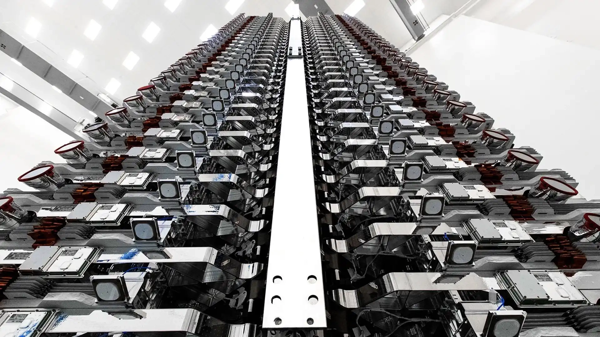 Starlink satellites in a row before they are launched into orbit.