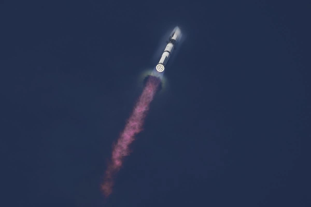 SpaceXs mega rocket Starship makes a test flight from Starbase, Texas, on August 26, 2025.