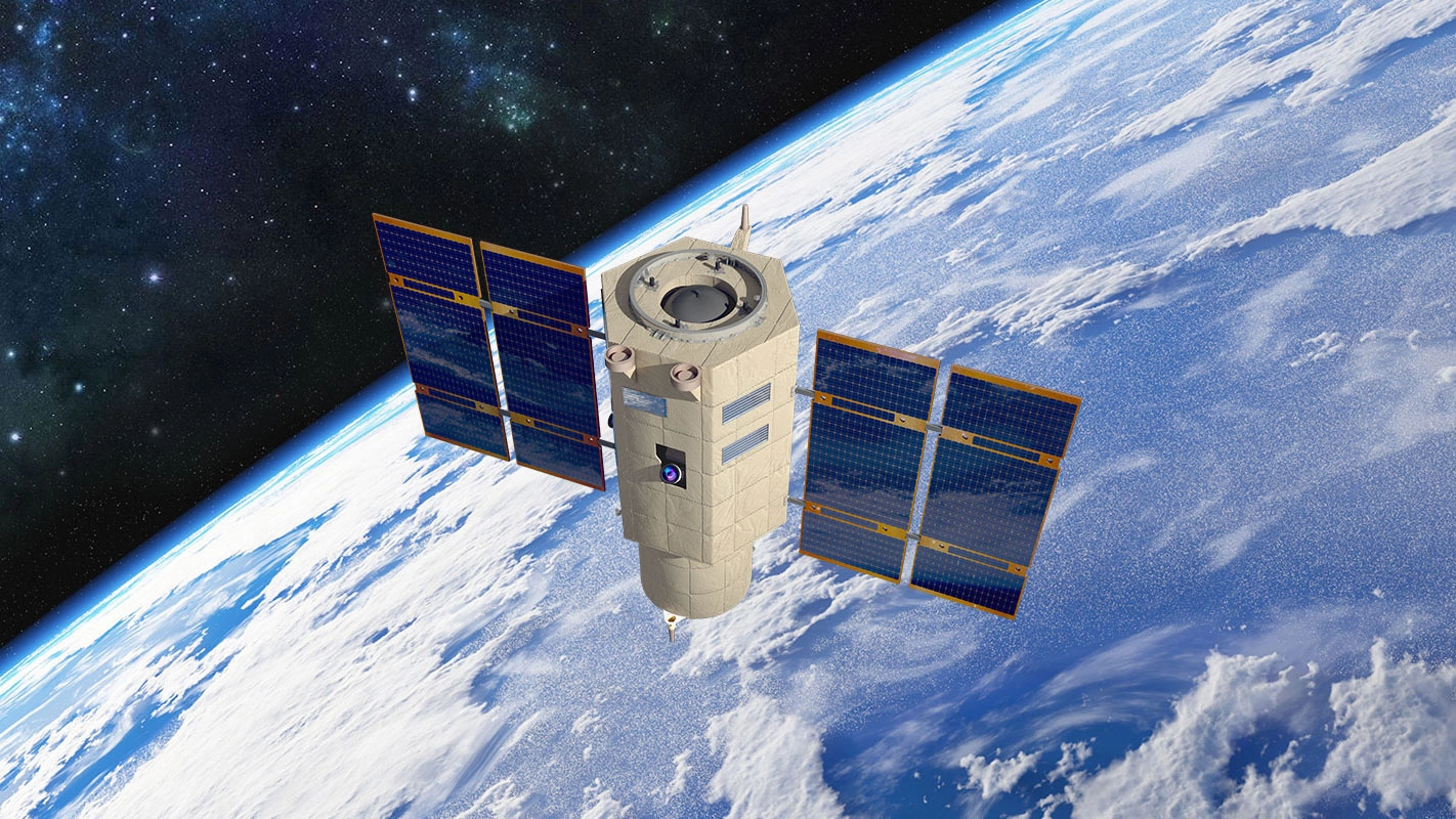 an artist's rendering of a white cylindrical satellite with blue and gold solar wings in Earth orbit