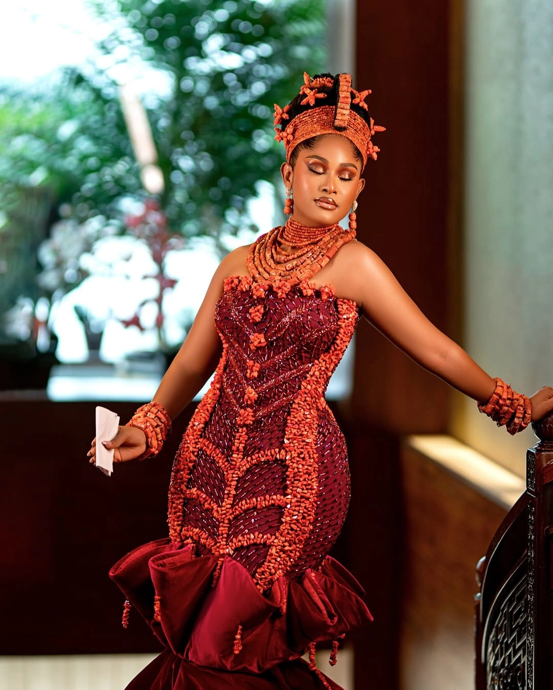 Edo Bridal Beauty: Regal Coral Beadwork & Ball Train Dress Inspo