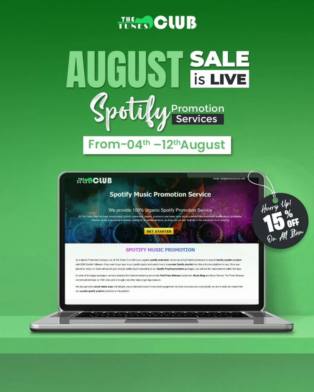 15% Off Spotify Promotion Services at The Tunes Club - Limited Time Offer!